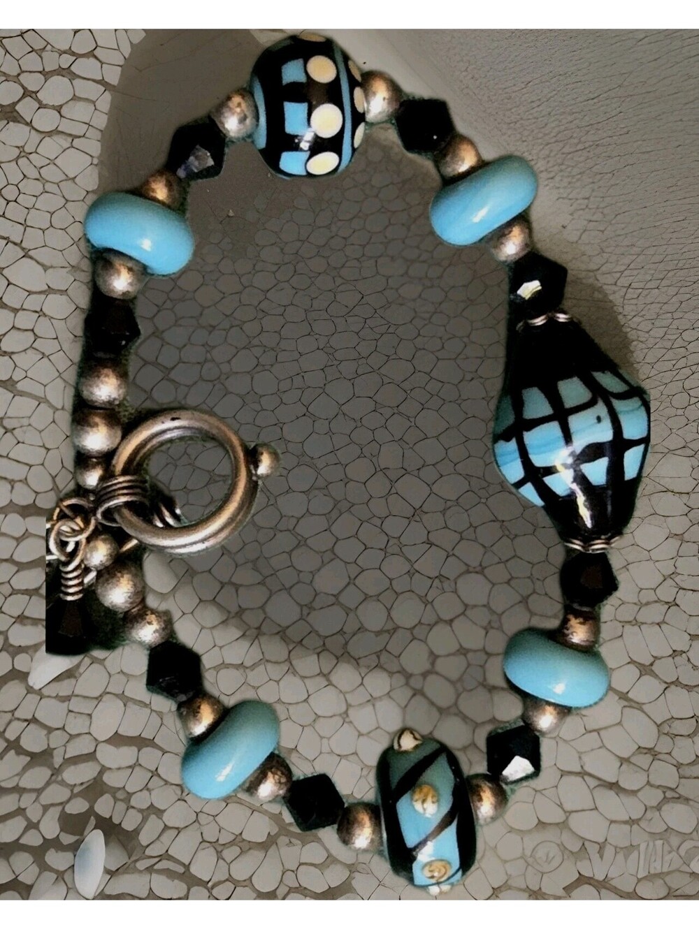 Vintage Mixed Material Beaded Bracelet 8” Long Aqua Color